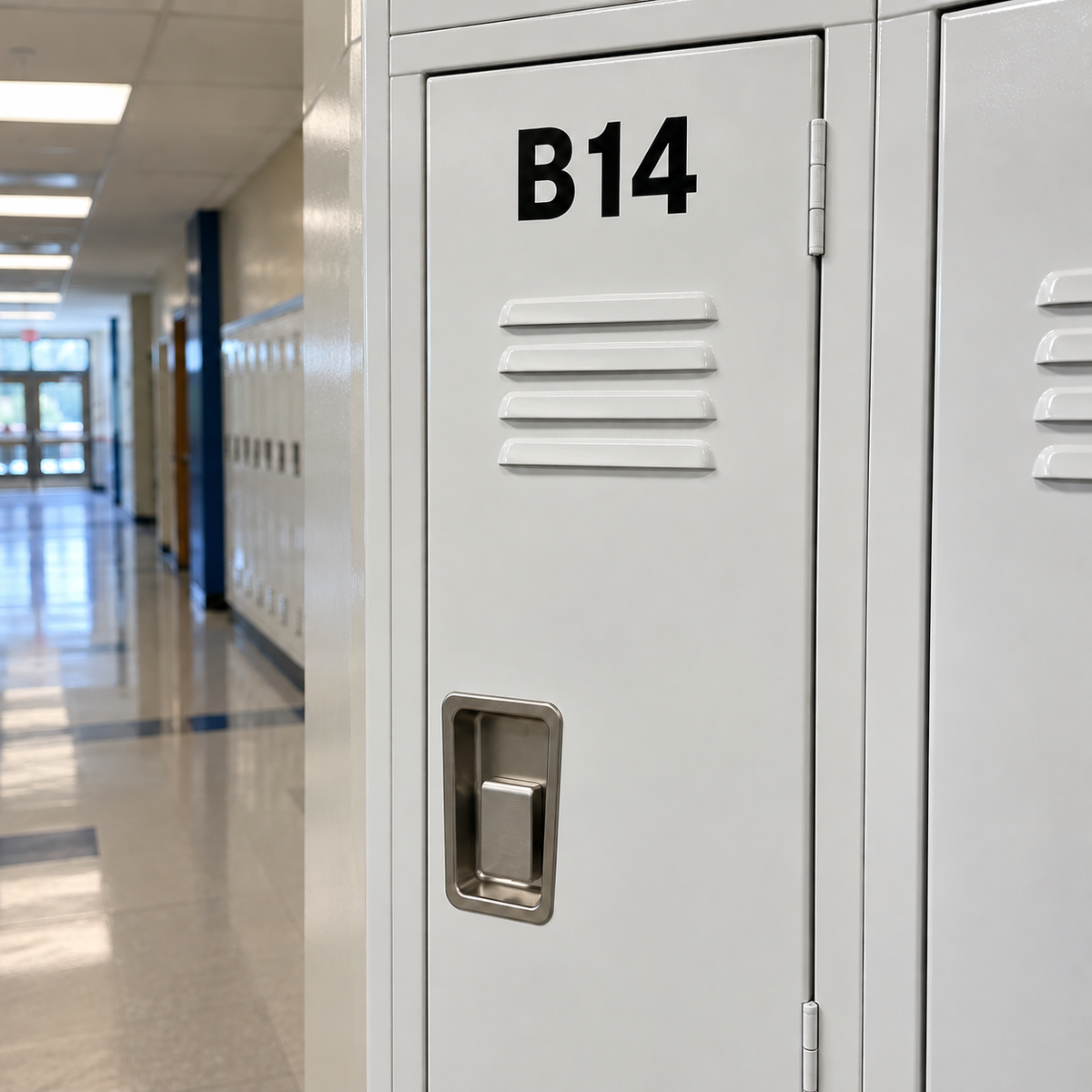 A white school locker door labelled B14 near the top with 2 inch black vinyl characters.
