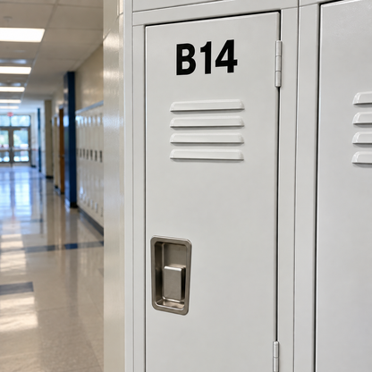 A white school locker door labelled B14 near the top with 2 inch black vinyl characters.