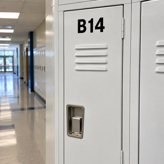A white school locker door labelled B14 near the top with 2 inch black vinyl characters.