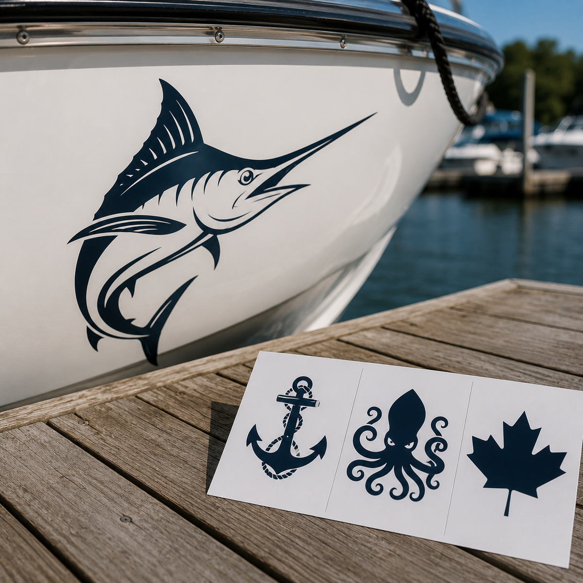 Boat registration renewal remarking kit Canada — marina dock with hull and tools