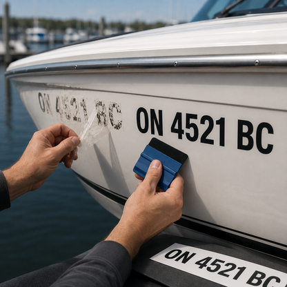 Boat registration number renewal kit: old faded numbers being peeled away beside fresh ON 4521 BC vinyl numbers and an applicator on a boat hull at a marina