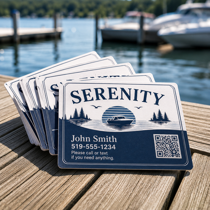 Boater dock contact cards fanned on a dock, each printed with the boat name SERENITY, owner John Smith, a phone number and a QR code, marina behind