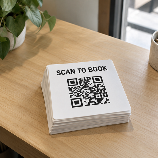 A stack of square Scan to Book QR stickers on a wooden counter.