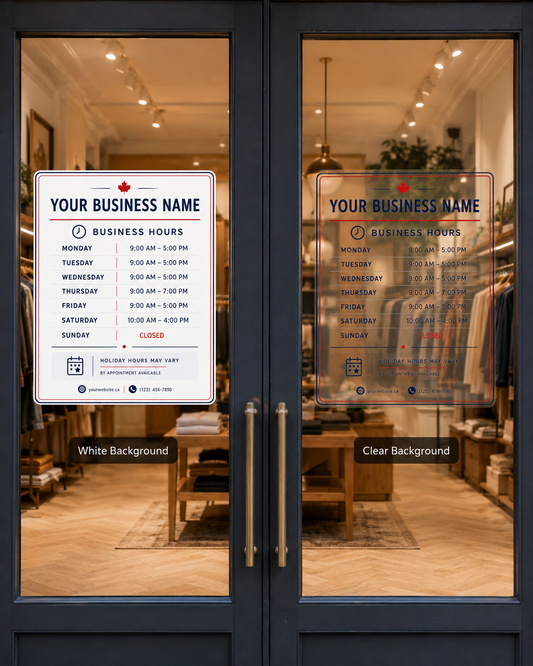 Business hours window decal shown in clear and white film on a boutique glass door