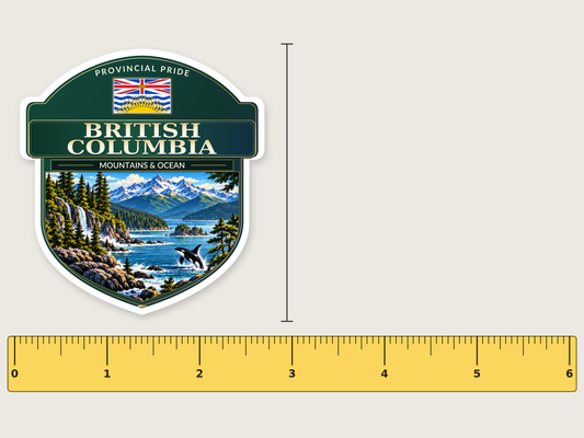 British Columbia badge decal, 3 in size beside a 6 in ruler