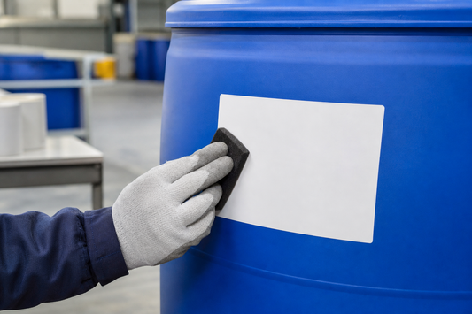 Blank synthetic adhesive label being applied to a clean industrial drum
