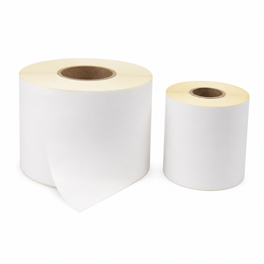 White synthetic adhesive label stock rolls in 8 inch and 4 inch widths