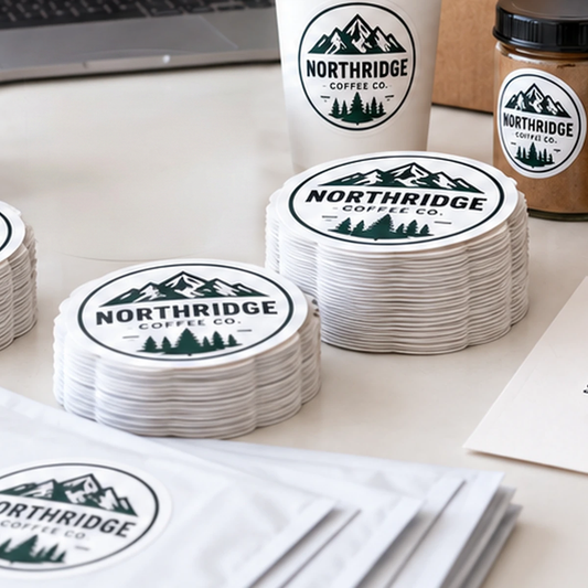 Stacks of round custom logo stickers beside a cup, jar and mailers carrying the same logo