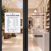 Business hours decals applied to modern glass storefront doors