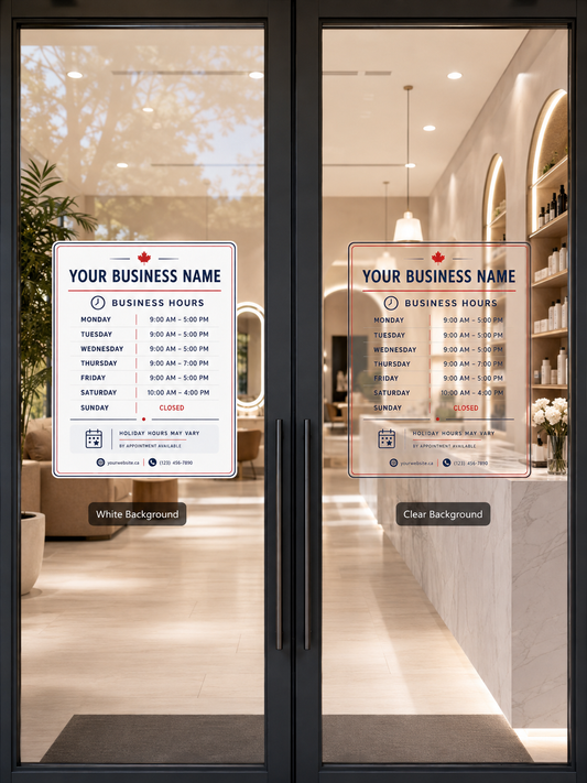 Business hours decals applied to modern glass storefront doors