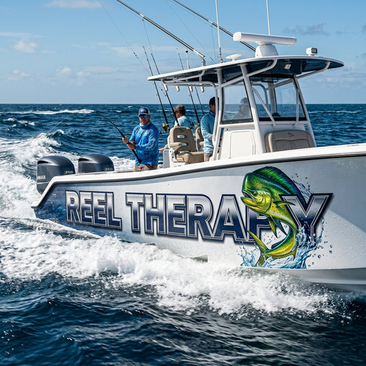 Custom boat name decal package shown on a boat hull application