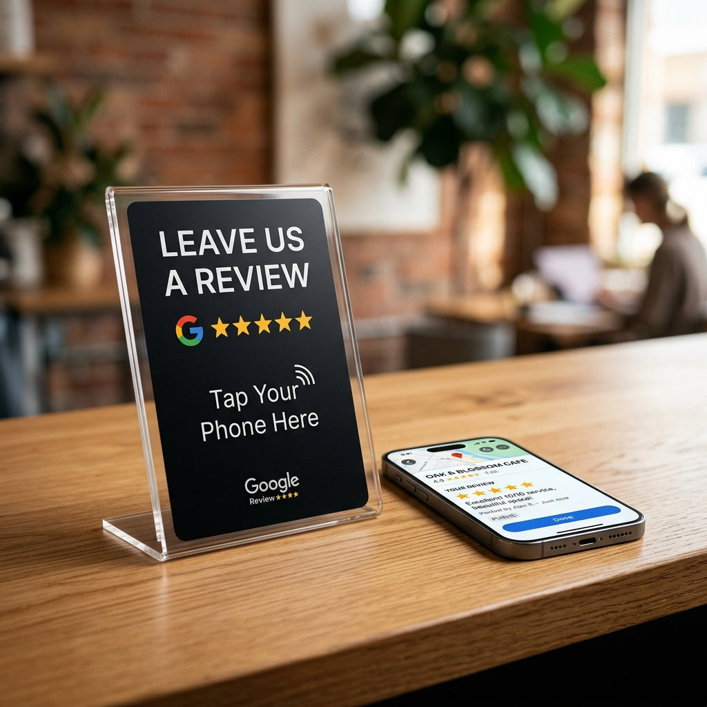 CAN-TAP review stand and phone tap flow for reputation management