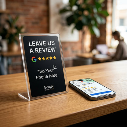 CAN-TAP review stand and phone tap flow for reputation management