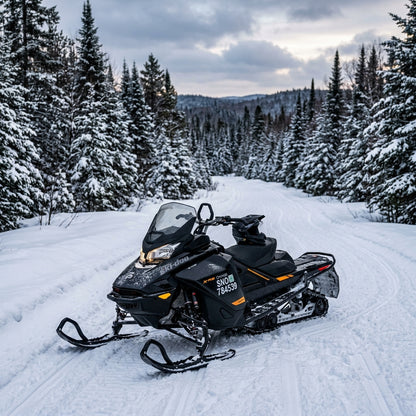 Snowmobile registration decals shown in winter trail conditions