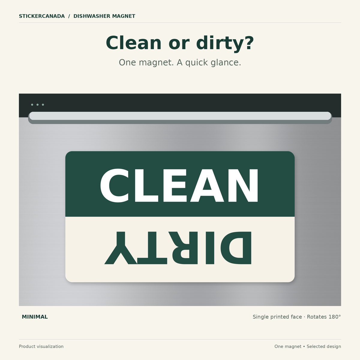 Illustrated Minimal dishwasher magnet, with CLEAN upright above an upside-down DIRTY on one green-and-cream face.