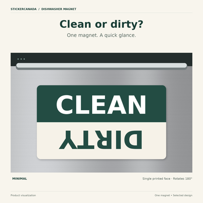 Illustrated Minimal dishwasher magnet, with CLEAN upright above an upside-down DIRTY on one green-and-cream face.