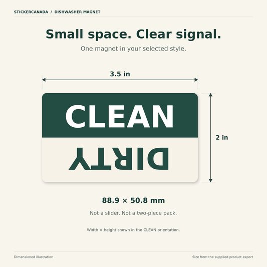 Single Clean/Dirty magnet shown at 3.5 inches wide by 2 inches high, equivalent to 88.9 by 50.8 millimetres.