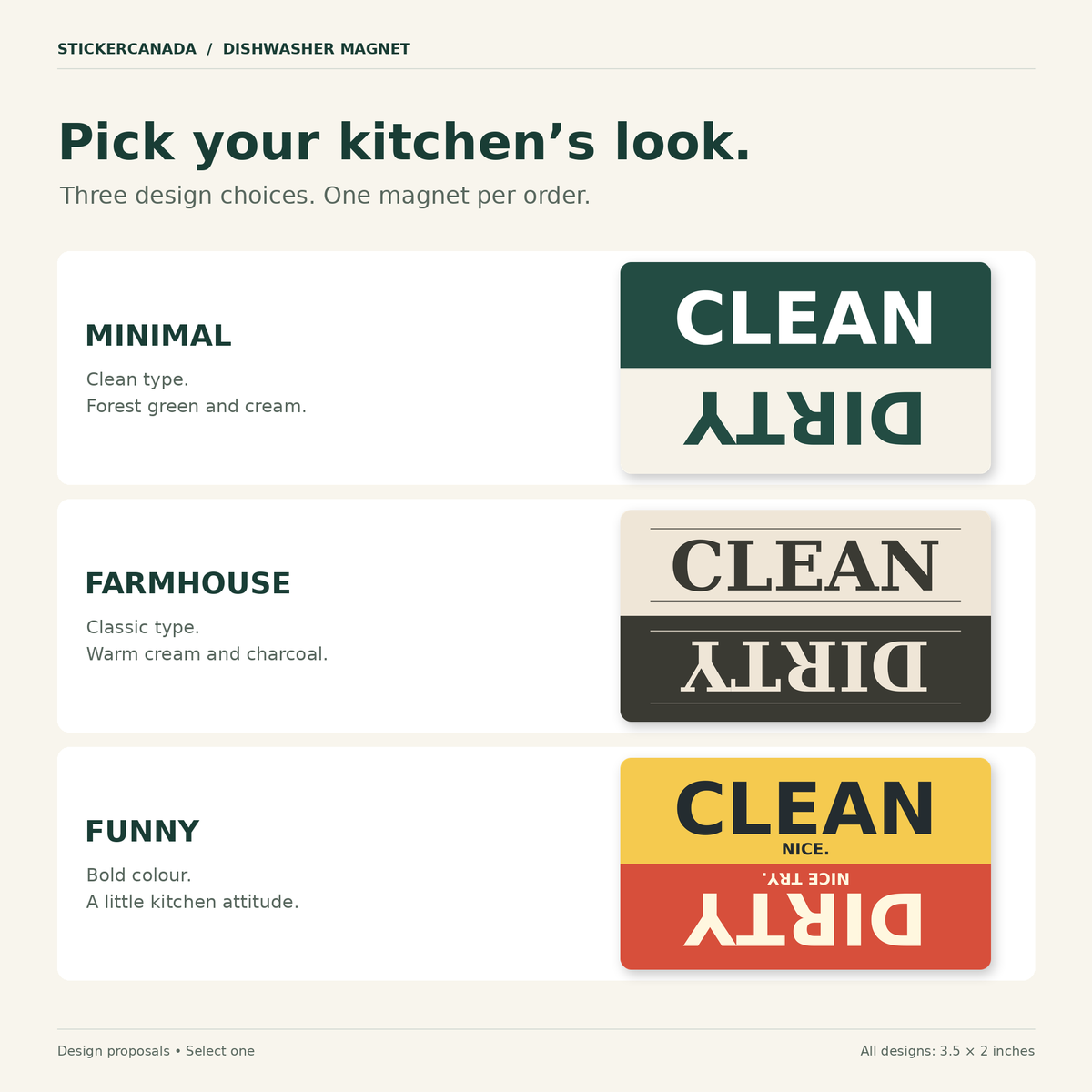 Minimal, Farmhouse and Funny design proposals for the same 3.5 by 2 inch dishwasher magnet; one selected design per order.