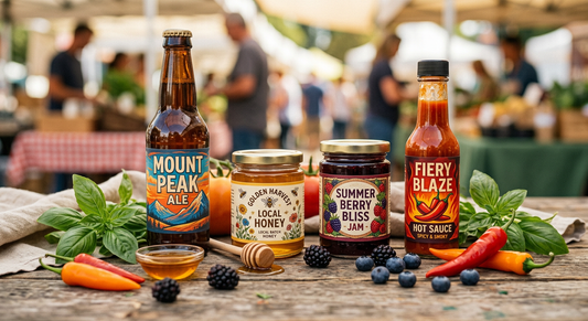 Custom food and beverage labels shown on jars and bottles, printed in Canada