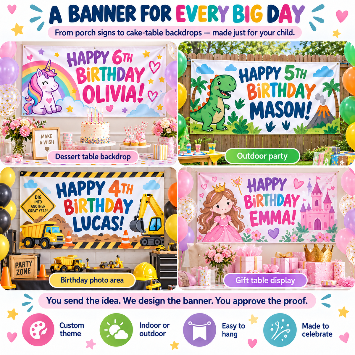 Personalized kids birthday banner with the child's name, printed on vinyl and hung at a party