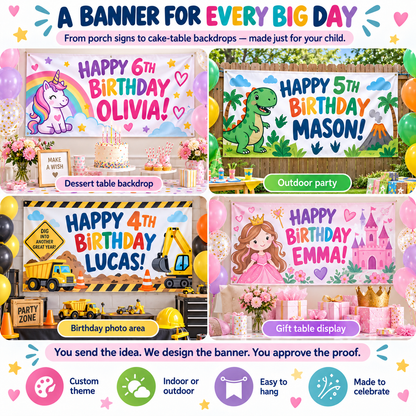 Personalized kids birthday banner with the child's name, printed on vinyl and hung at a party