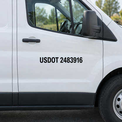 Solid black USDOT 2483916 vinyl lettering on a white work van’s passenger door, clear of the handle and seams.
