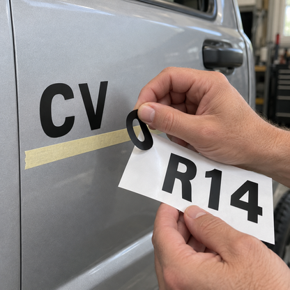 Hands peel a black O from white backing holding R, 1 and 4 beside bare cut C and V letters applied directly to a silver truck door above a removable tape guide.