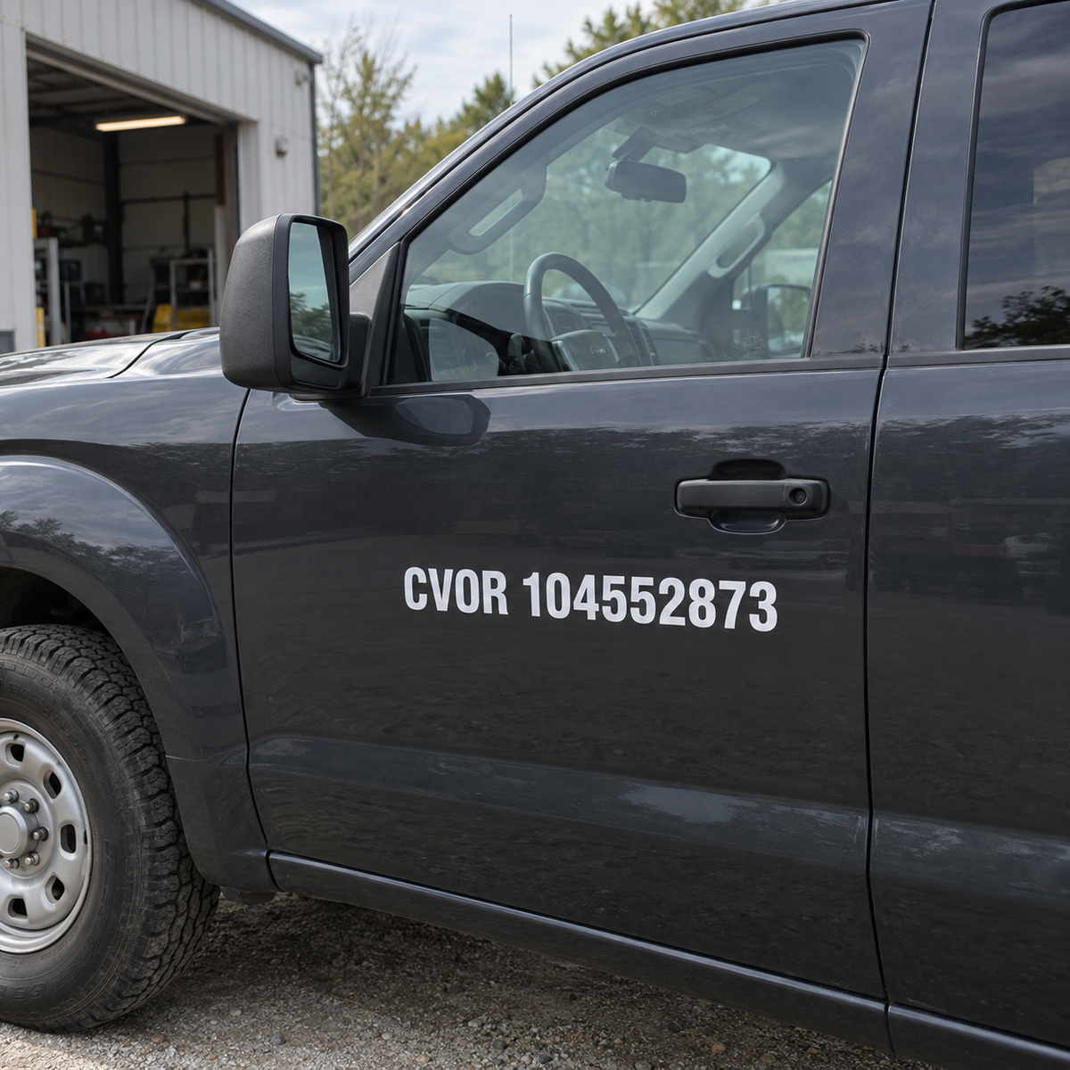 White CVOR 104552873 vinyl lettering on the dark driver door of a plain work truck outside a workshop.