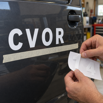 Hands peel white 1 and 4 cut-vinyl digits from backing beside matching C, V, O and R letter shapes adhered directly to a charcoal truck door above a tape guide.