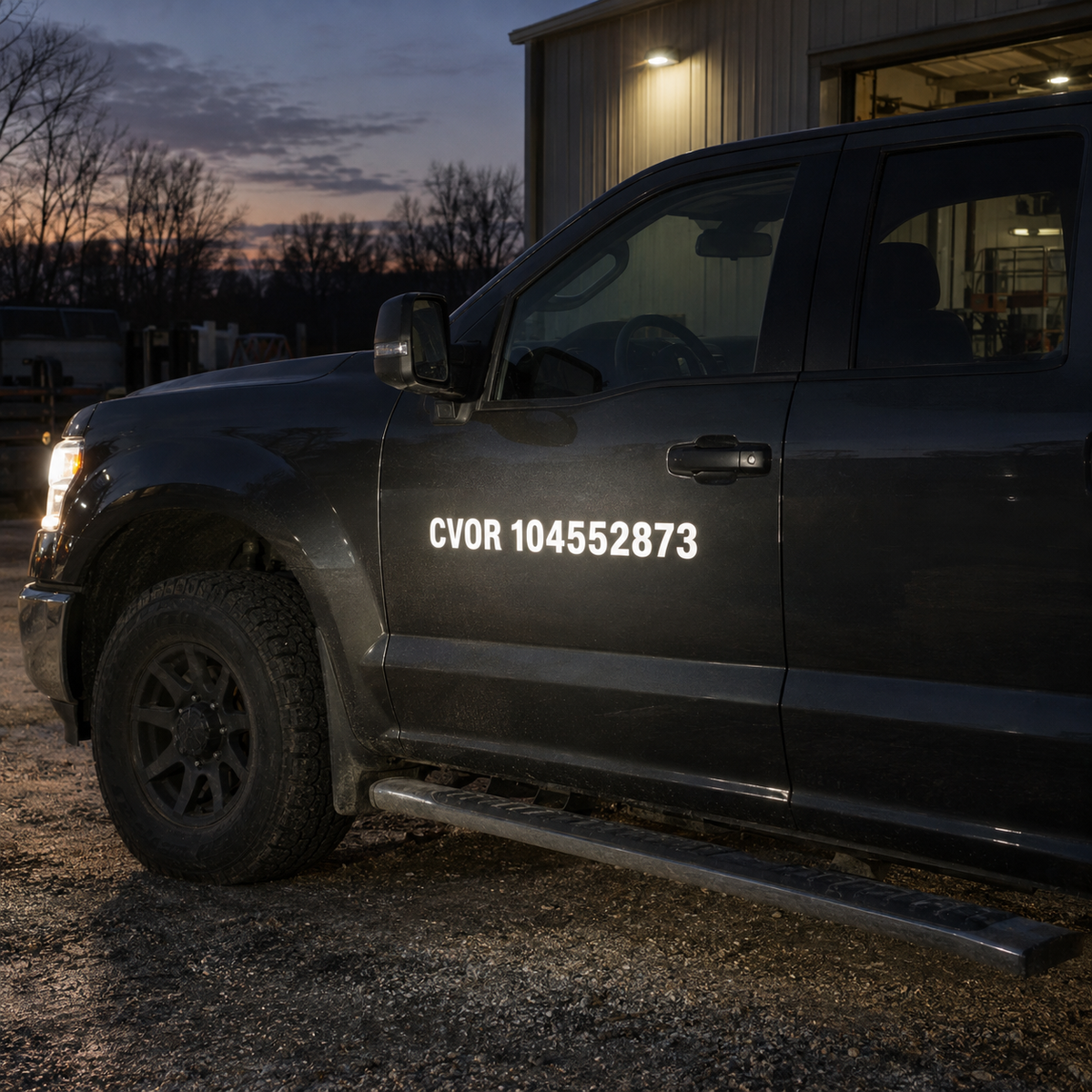 White reflective CVOR 104552873 lettering catches headlights on a dark work truck door outside a workshop at dusk.