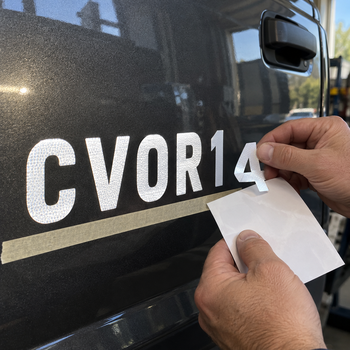 Hands peel a reflective cut vinyl 4 from white backing beside C, V, O, R and 1 applied directly to a dark truck door along a removable tape guide.