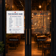 Business hours window decal on a cafe door showing daily opening times