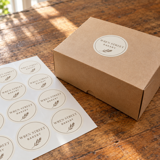 A sheet of Wren Street Bakery round labels beside a kraft pastry box.