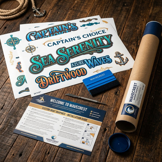 Custom boat name decal package with selected marine graphic pieces and application tools