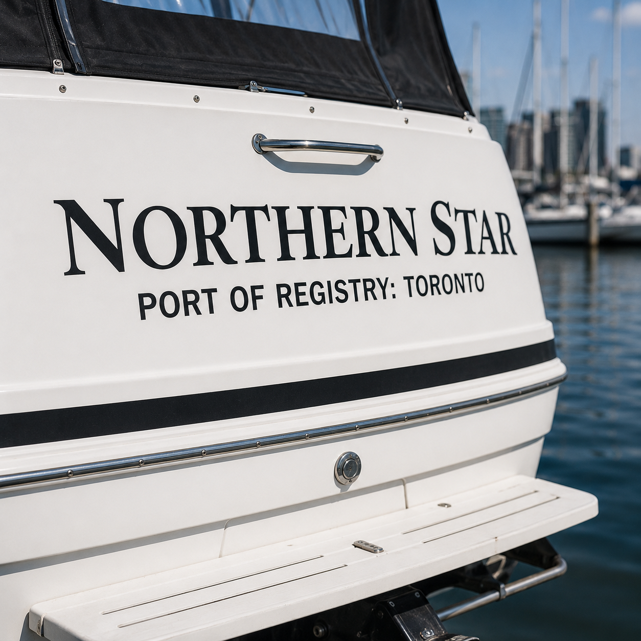 Custom Northern Star boat name lettering at a marina
