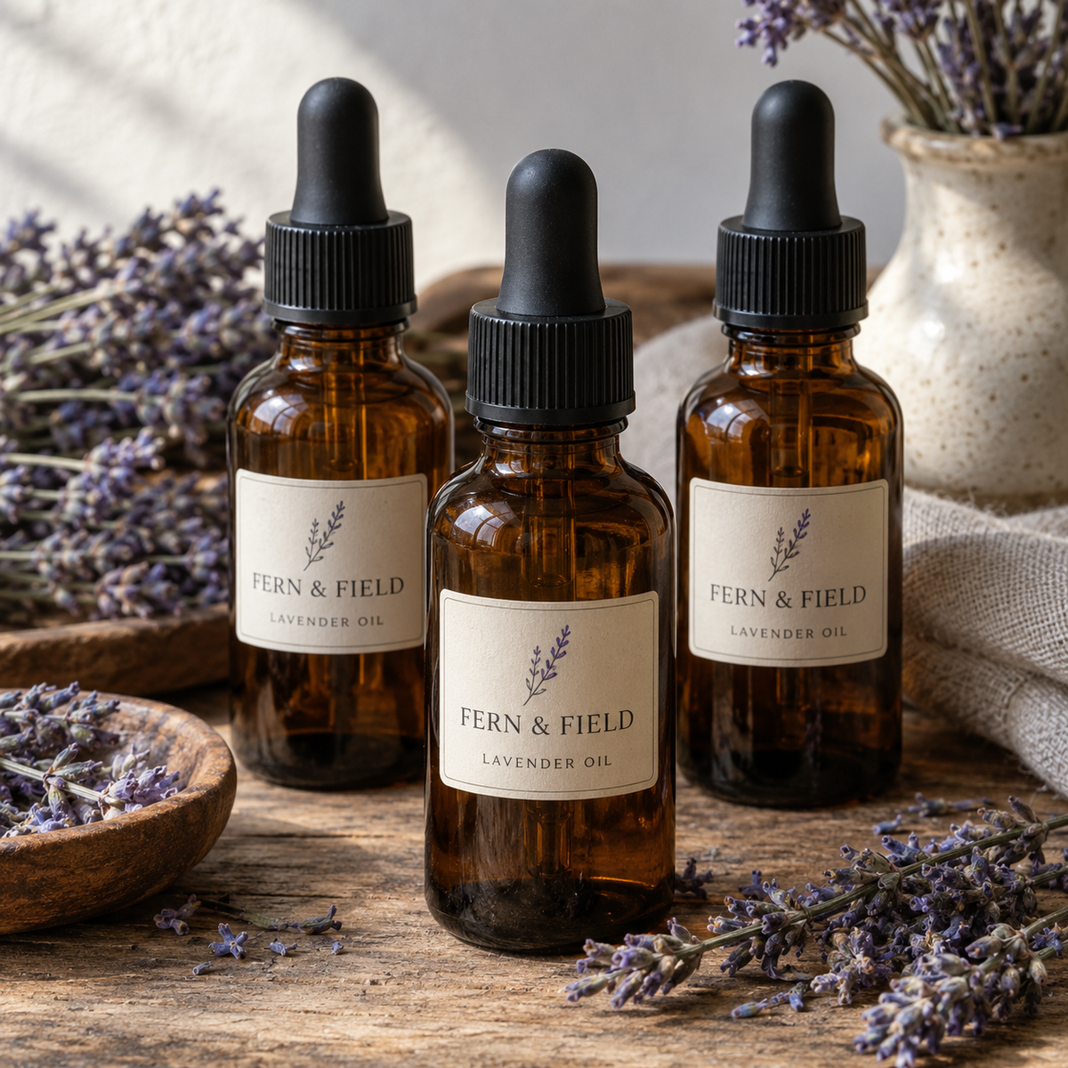 Three amber dropper bottles with Fern & Field Lavender Oil labels.