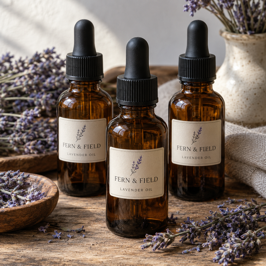 Three amber dropper bottles with Fern & Field Lavender Oil labels.