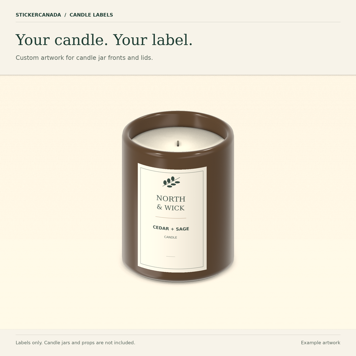 3D candle-label mockup: an ivory North & Wick Cedar + Sage label on a brown unlit candle jar. Jar not included.