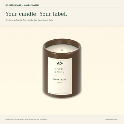 3D candle-label mockup: an ivory North & Wick Cedar + Sage label on a brown unlit candle jar. Jar not included.