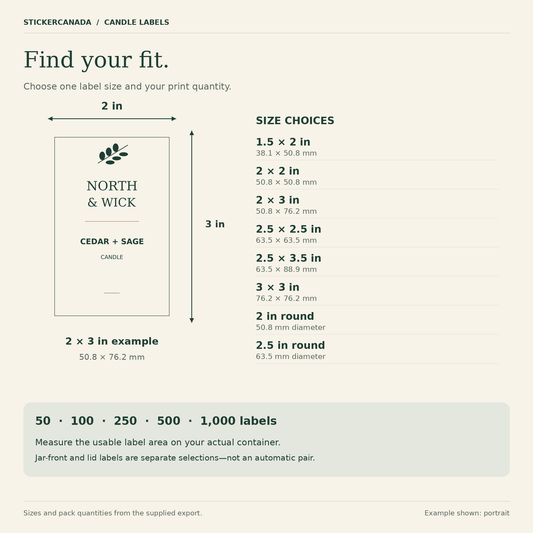 Candle-label size guide with eight exported sizes, a 2 by 3 inch example and print quantities of 50, 100, 250, 500 or 1,000 labels.