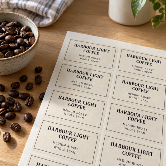 Sheet of rectangular Harbour Light Coffee labels beside roasted coffee beans.