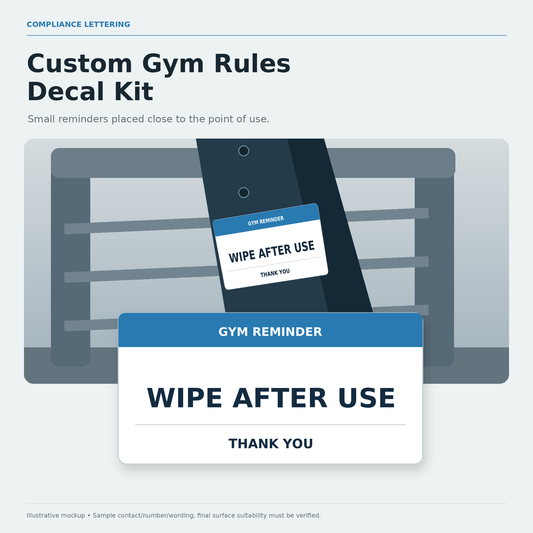 Illustrated custom gym rules decal kit with a close view of the sample your wording artwork.