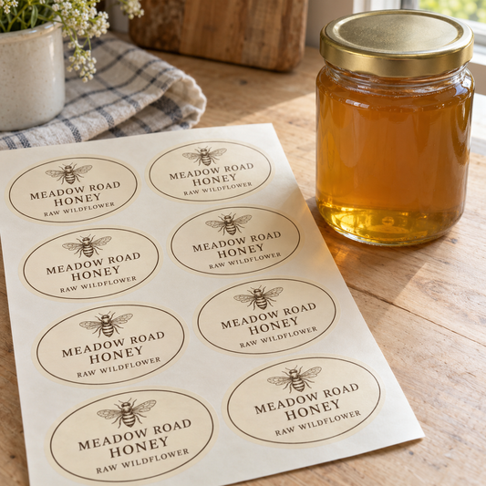 Sheet of oval Meadow Road Honey labels beside an unlabelled jar of golden honey.