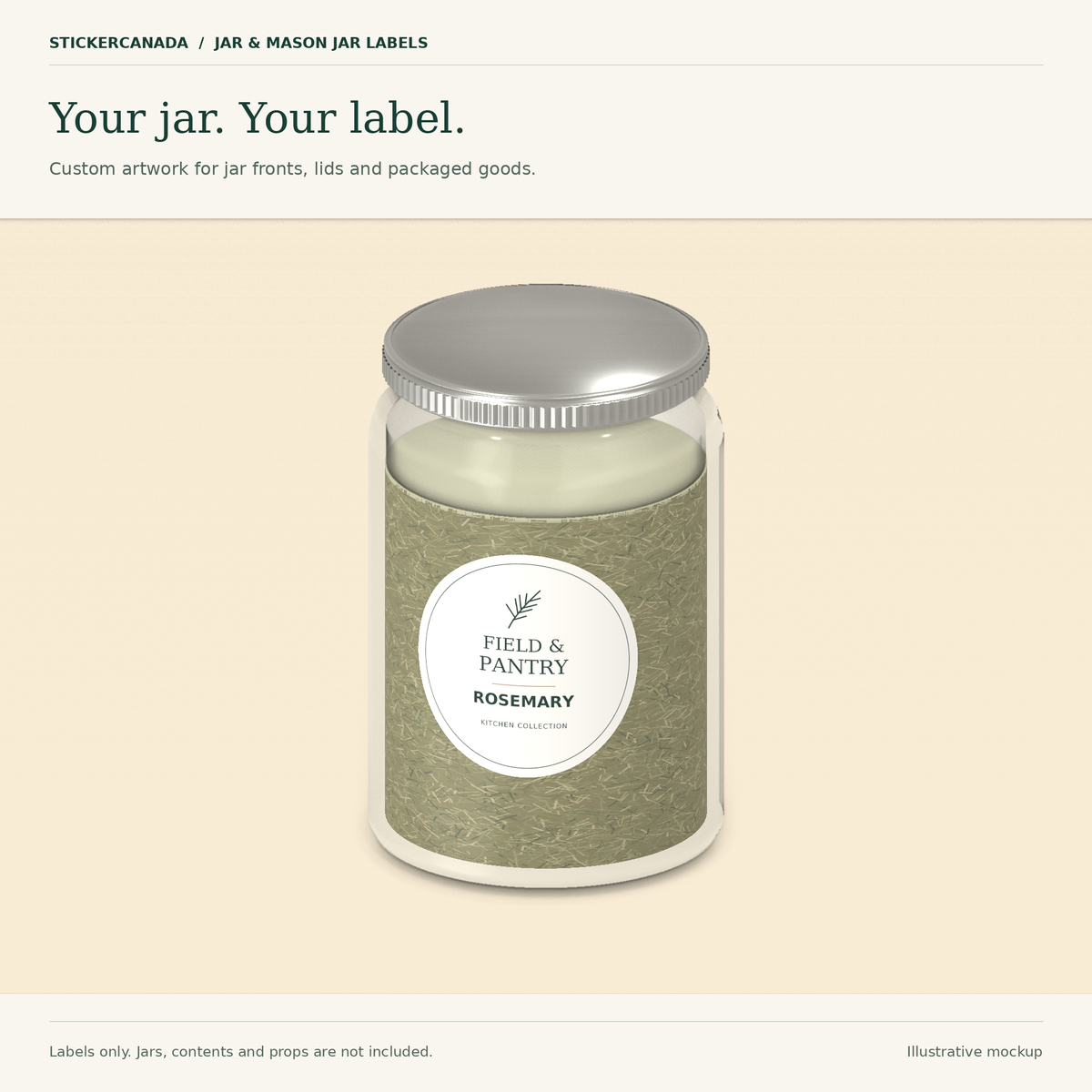 Jar-label visualization with an Orchard & Oak strawberry design on a red-filled glass jar. Labels only; the jar and contents are not included.