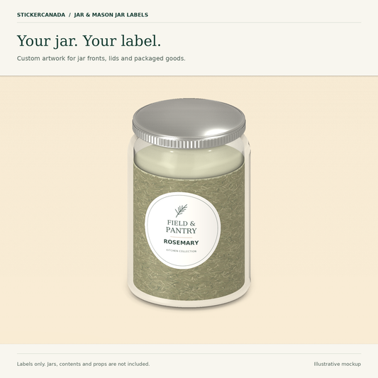 Jar-label visualization with an Orchard & Oak strawberry design on a red-filled glass jar. Labels only; the jar and contents are not included.