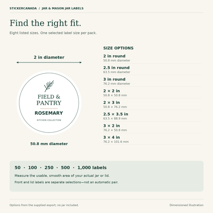 Jar label size diagram showing eight exported sizes, inch-to-millimetre equivalents and quantities of 50, 100, 250, 500 or 1,000 labels.