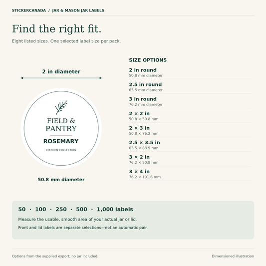 Jar label size diagram showing eight exported sizes, inch-to-millimetre equivalents and quantities of 50, 100, 250, 500 or 1,000 labels.