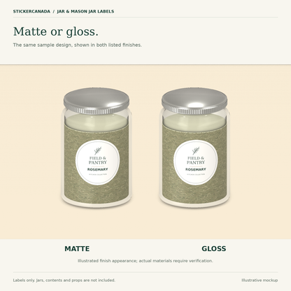 Matte and gloss finish illustrations using a Field & Pantry rosemary label on two jars. This is not a physical material test.