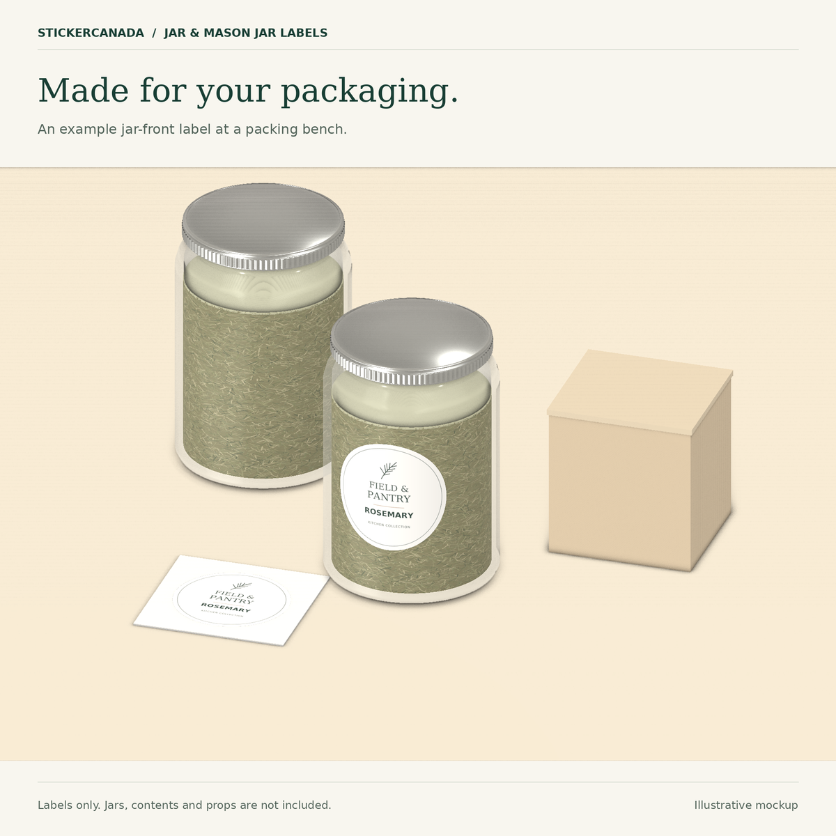 Jar-label packing-bench illustration with the Field & Pantry rosemary design, loose label and box props. Containers and props are not included.