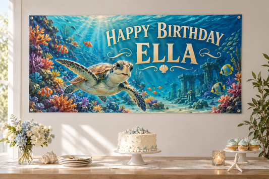 Illustrative personalized underwater birthday banner with custom name and wording